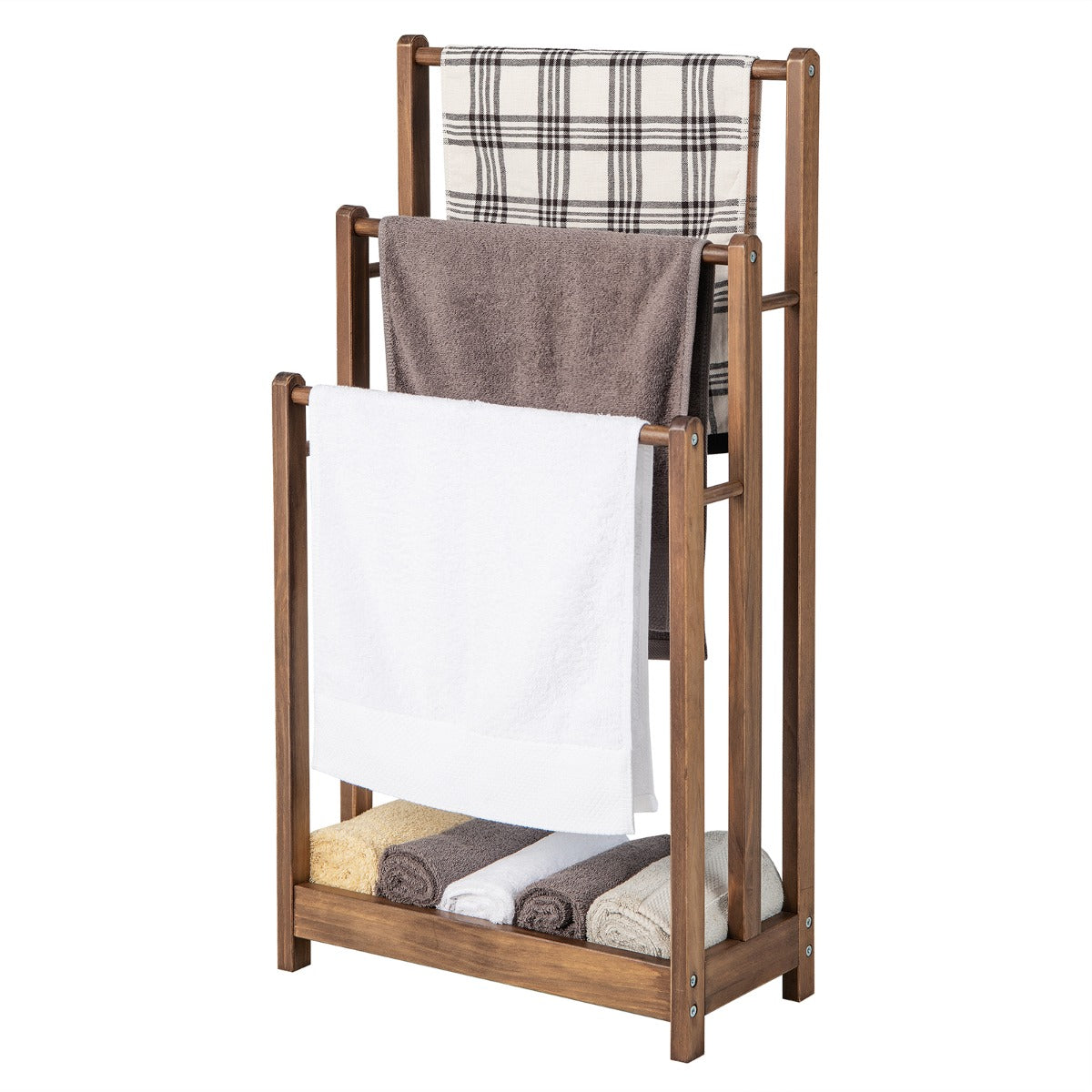Freestanding Wood Towel Rack with Bottom Storage Shelf for Bathroom-Coffee