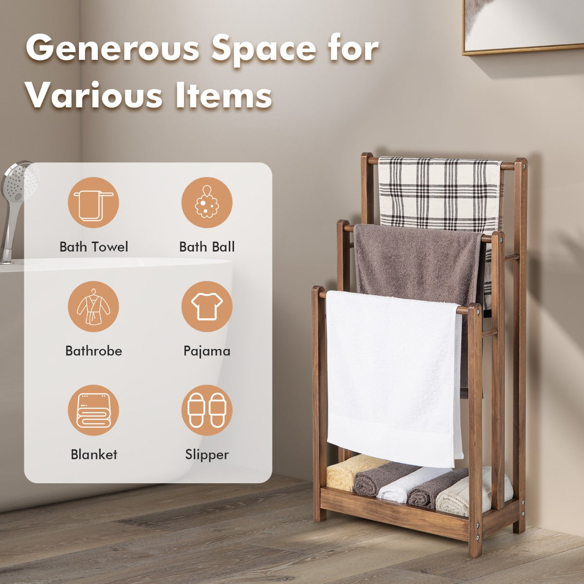 Freestanding Wood Towel Rack with Bottom Storage Shelf for Bathroom-Coffee