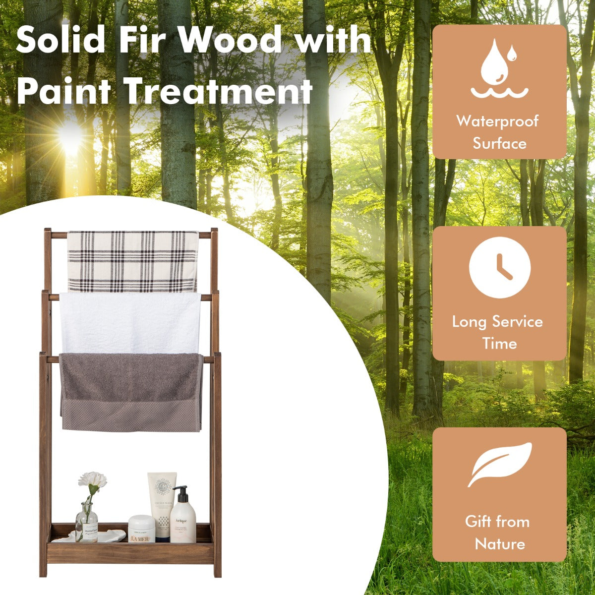 Freestanding Wood Towel Rack with Bottom Storage Shelf for Bathroom-Coffee
