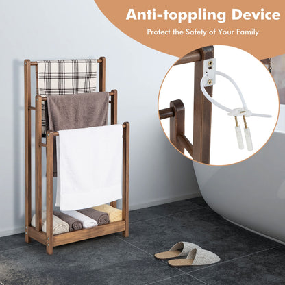 Freestanding Wood Towel Rack with Bottom Storage Shelf for Bathroom-Coffee