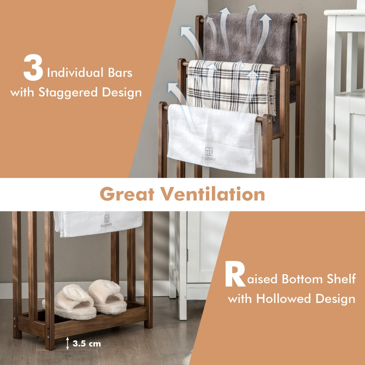 Freestanding Wood Towel Rack with Bottom Storage Shelf for Bathroom-Coffee
