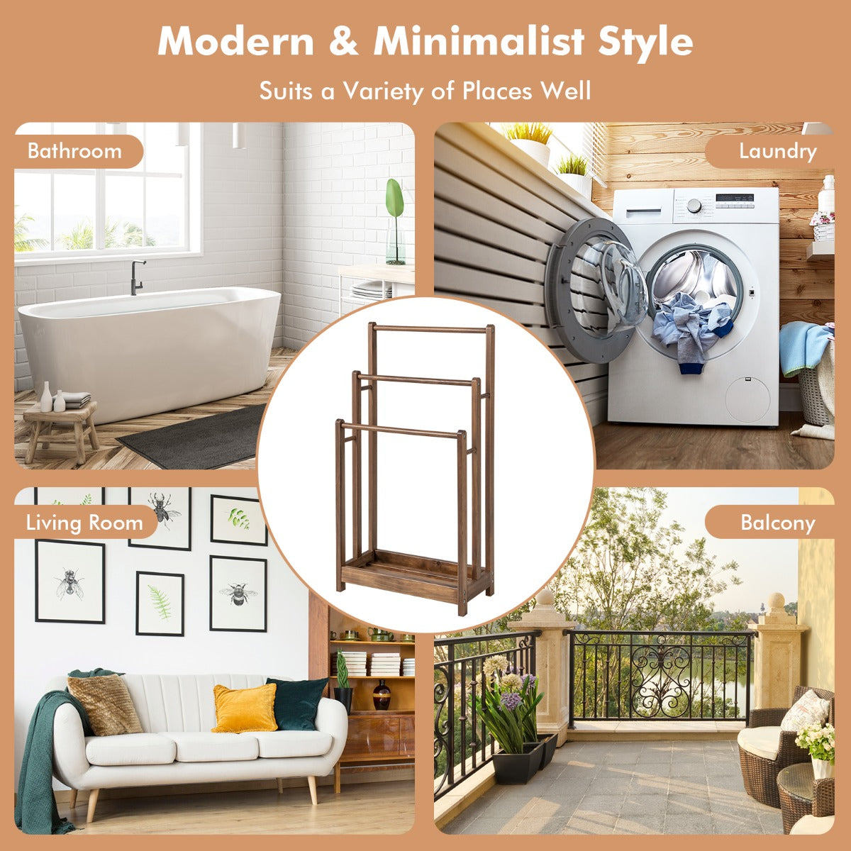 Freestanding Wood Towel Rack with Bottom Storage Shelf for Bathroom-Coffee