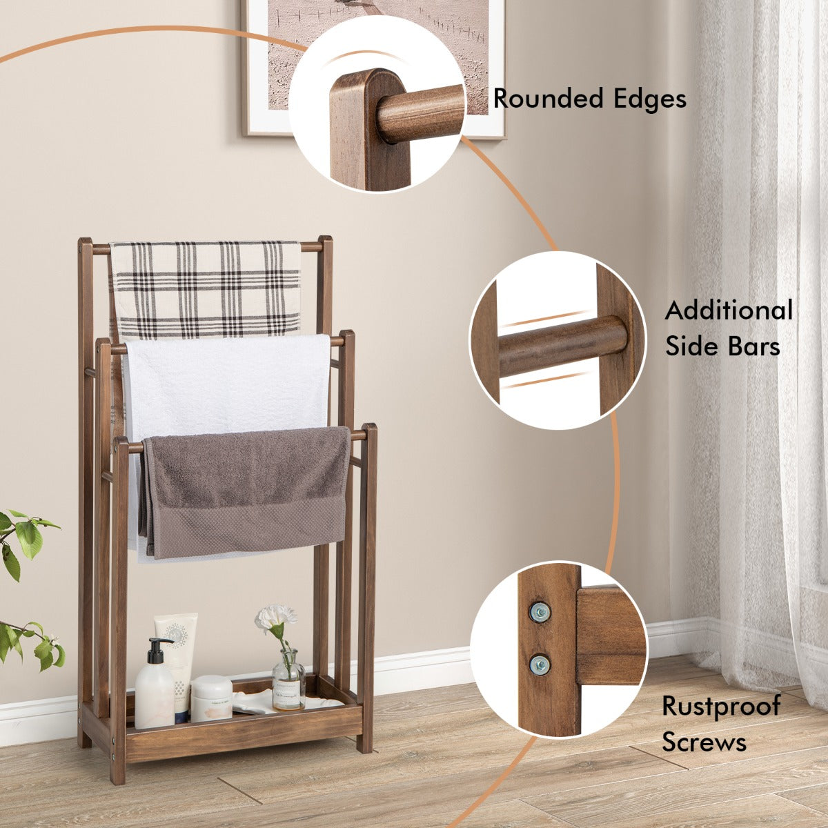 Freestanding Wood Towel Rack with Bottom Storage Shelf for Bathroom-Coffee