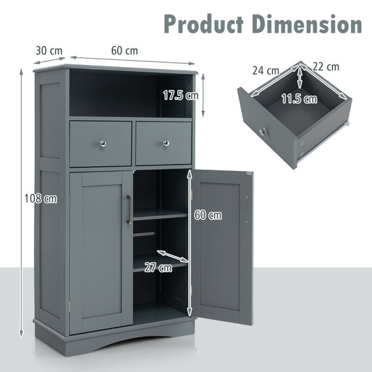 White and grey bathroom floor cabinet with drawers, open shelving and enclosed storage space