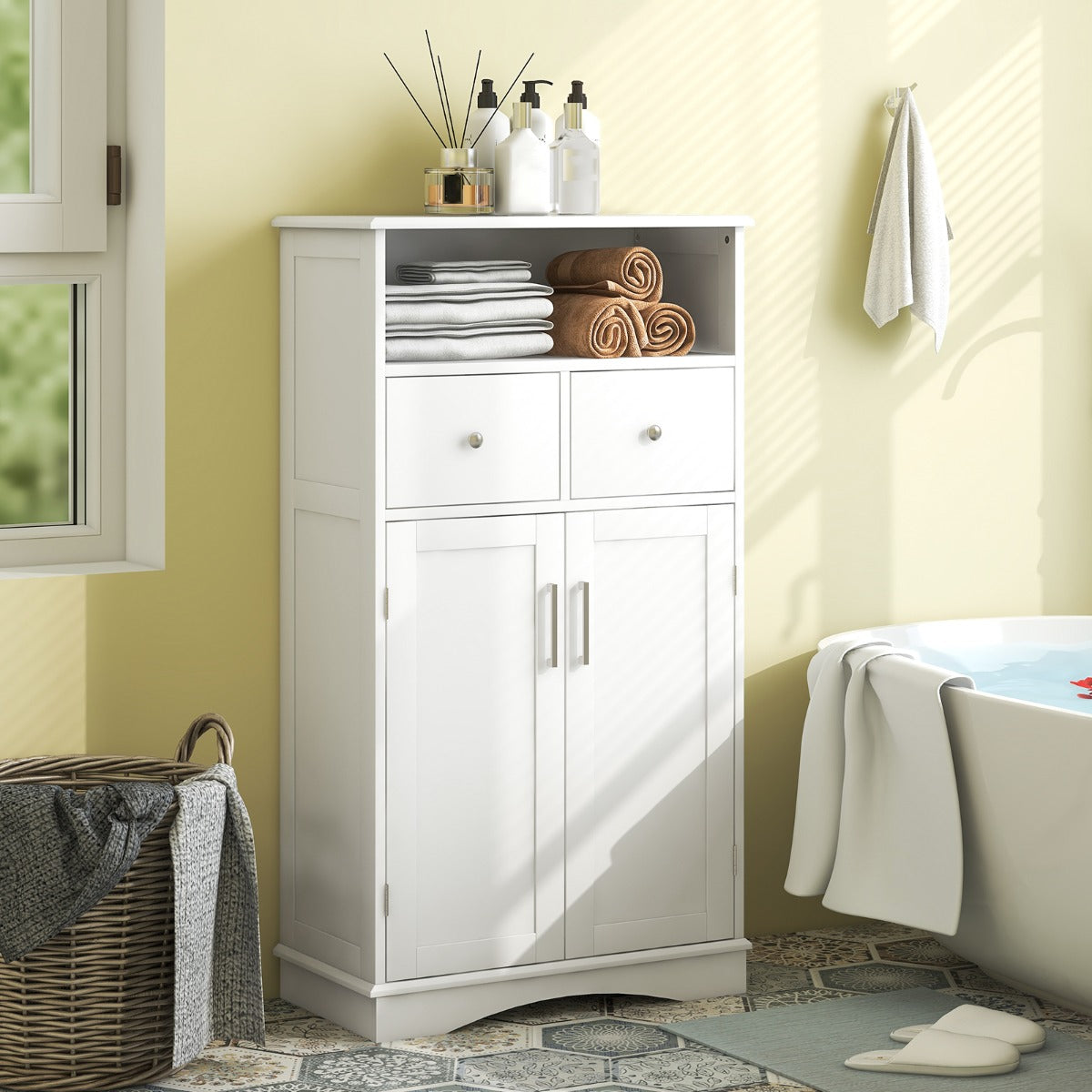 Bathroom Floor Cabinet with 2 Adjustable Shelves for Bathroom-White