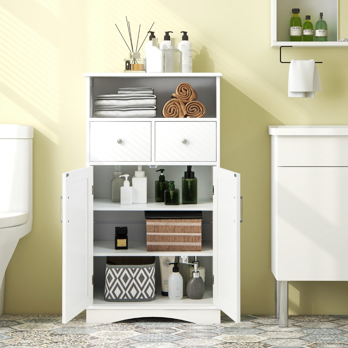 Bathroom Floor Cabinet with 2 Adjustable Shelves for Bathroom-White