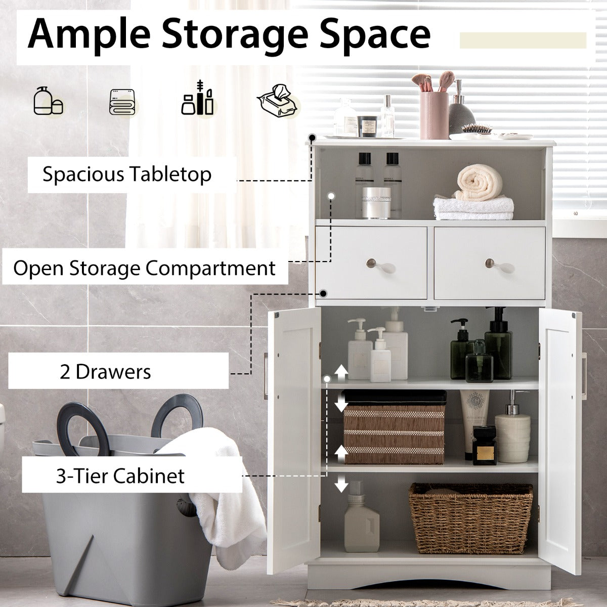 Bathroom Floor Cabinet with 2 Adjustable Shelves for Bathroom-White