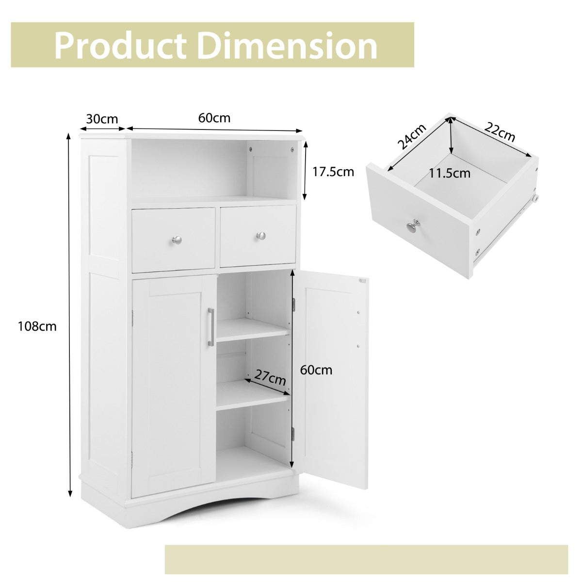 Bathroom Floor Cabinet with 2 Adjustable Shelves for Bathroom-White