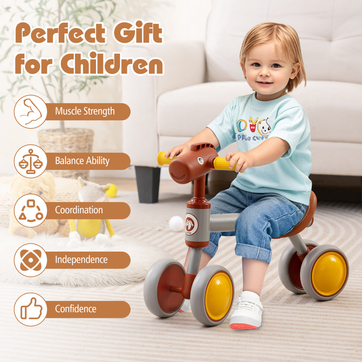Baby Balance Bike with PU Leather Seat and EVA Foam Wheels-Brown