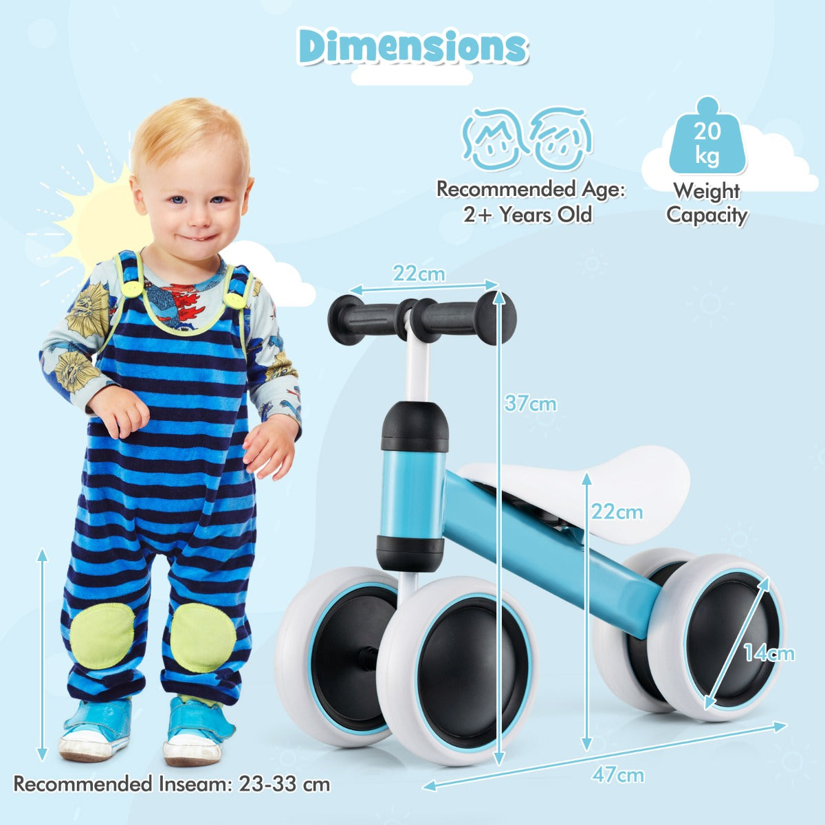 Baby Balance Training Bike with 4 Wheels for Infant-Blue