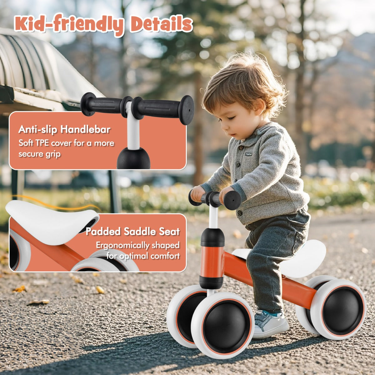 Baby Balance Training Bike with 4 Wheels for Infant-Orange