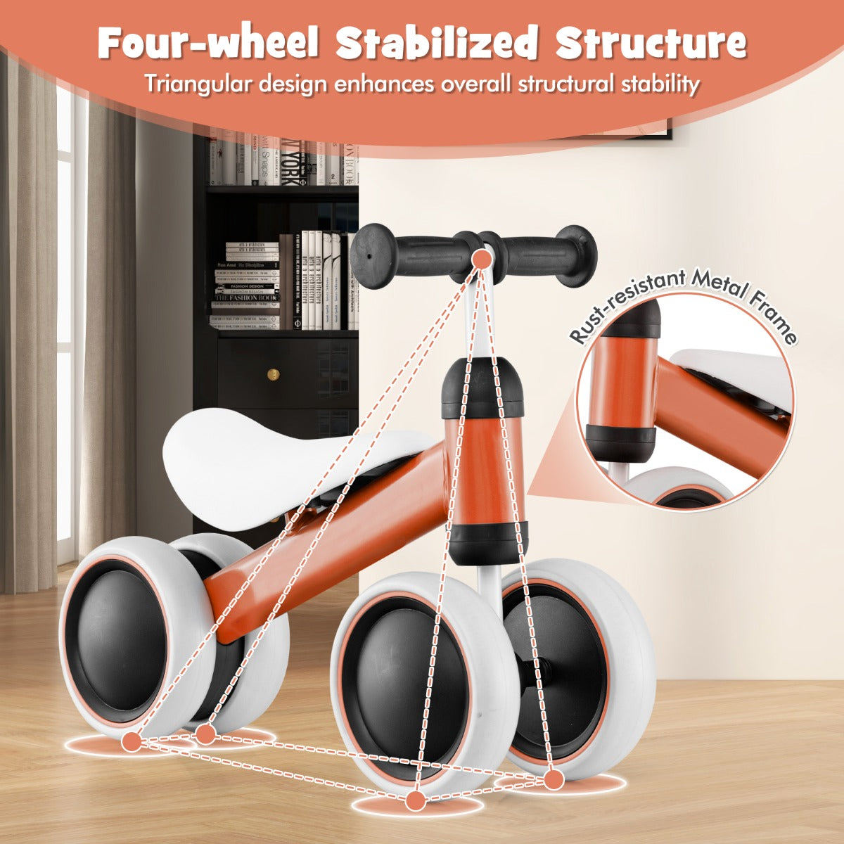 Baby Balance Training Bike with 4 Wheels for Infant-Orange