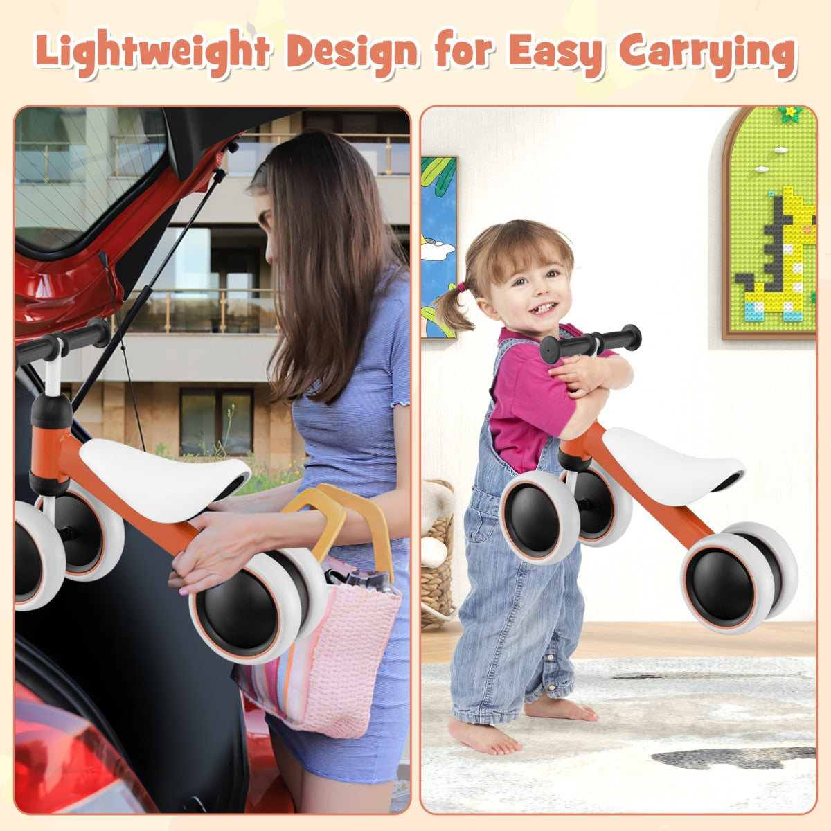 Baby Balance Training Bike with 4 Wheels for Infant-Orange