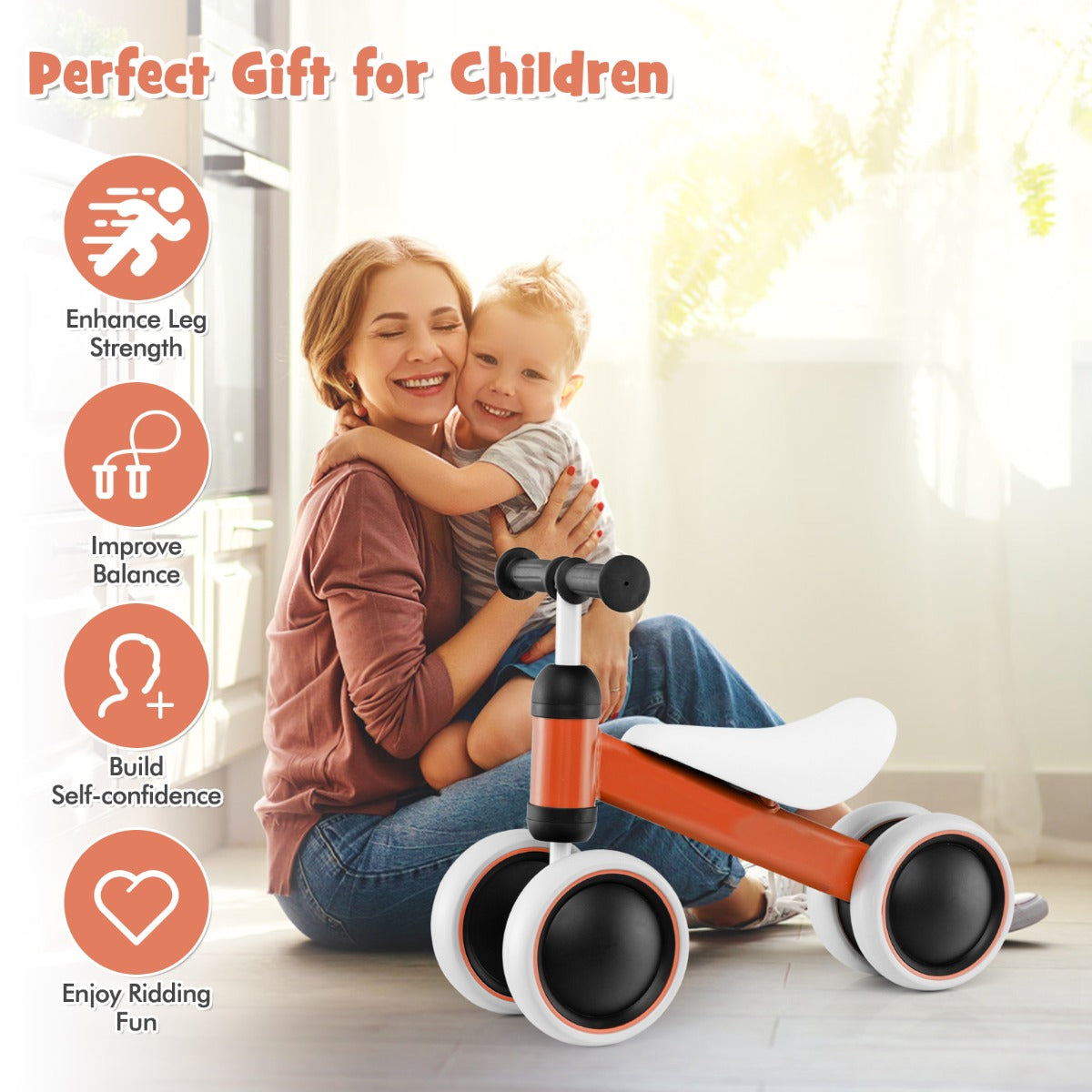 Baby Balance Training Bike with 4 Wheels for Infant-Orange