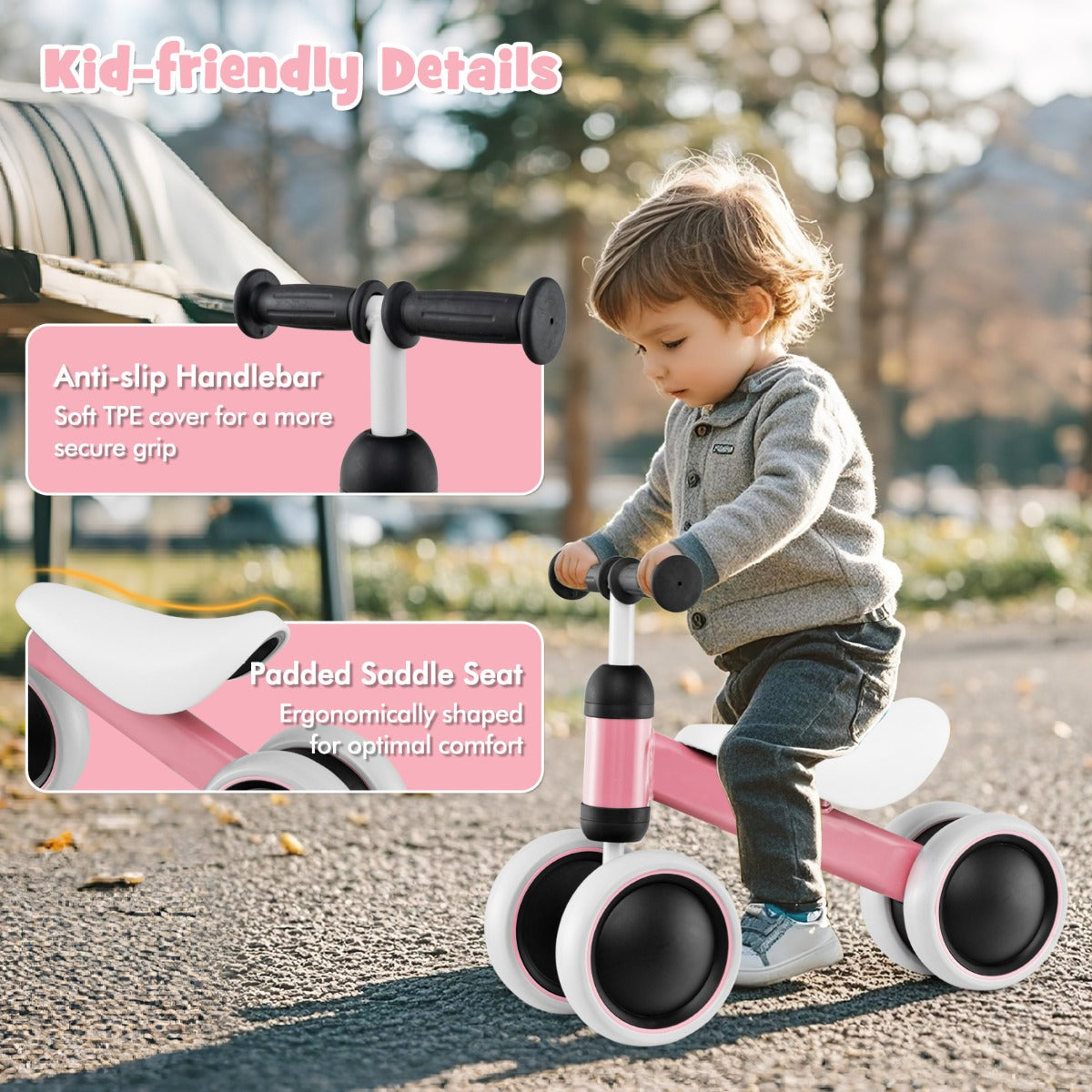 Baby Balance Training Bike with 4 Wheels for Infant-Pink