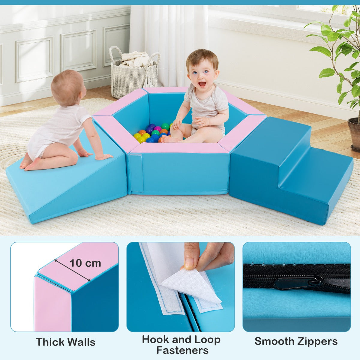 3-Piece Baby Foam Climbing Blocks with Ball Pit and 100 Colorful Ocean Balls-Blue