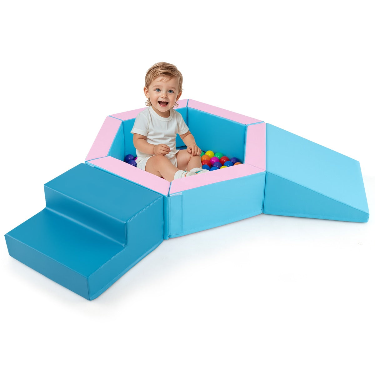 3-Piece Baby Foam Climbing Blocks with Ball Pit and 100 Colorful Ocean Balls-Blue
