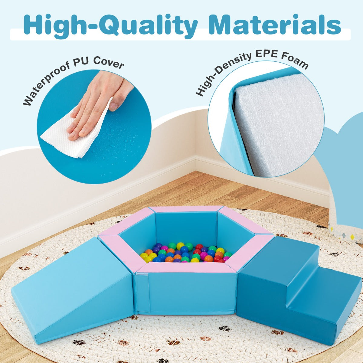 3-Piece Baby Foam Climbing Blocks with Ball Pit and 100 Colorful Ocean Balls-Blue