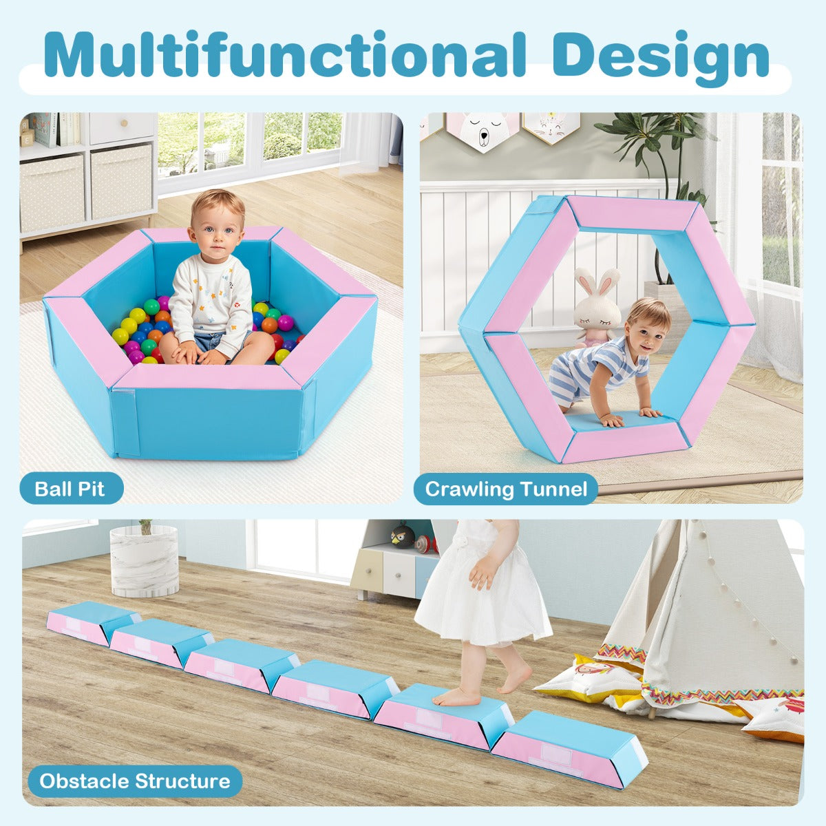 3-Piece Baby Foam Climbing Blocks with Ball Pit and 100 Colorful Ocean Balls-Blue