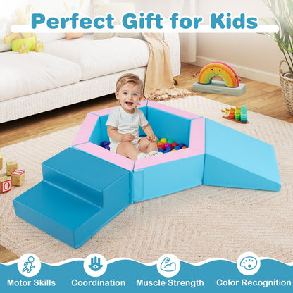 3-Piece Baby Foam Climbing Blocks with Ball Pit and 100 Colorful Ocean Balls-Blue
