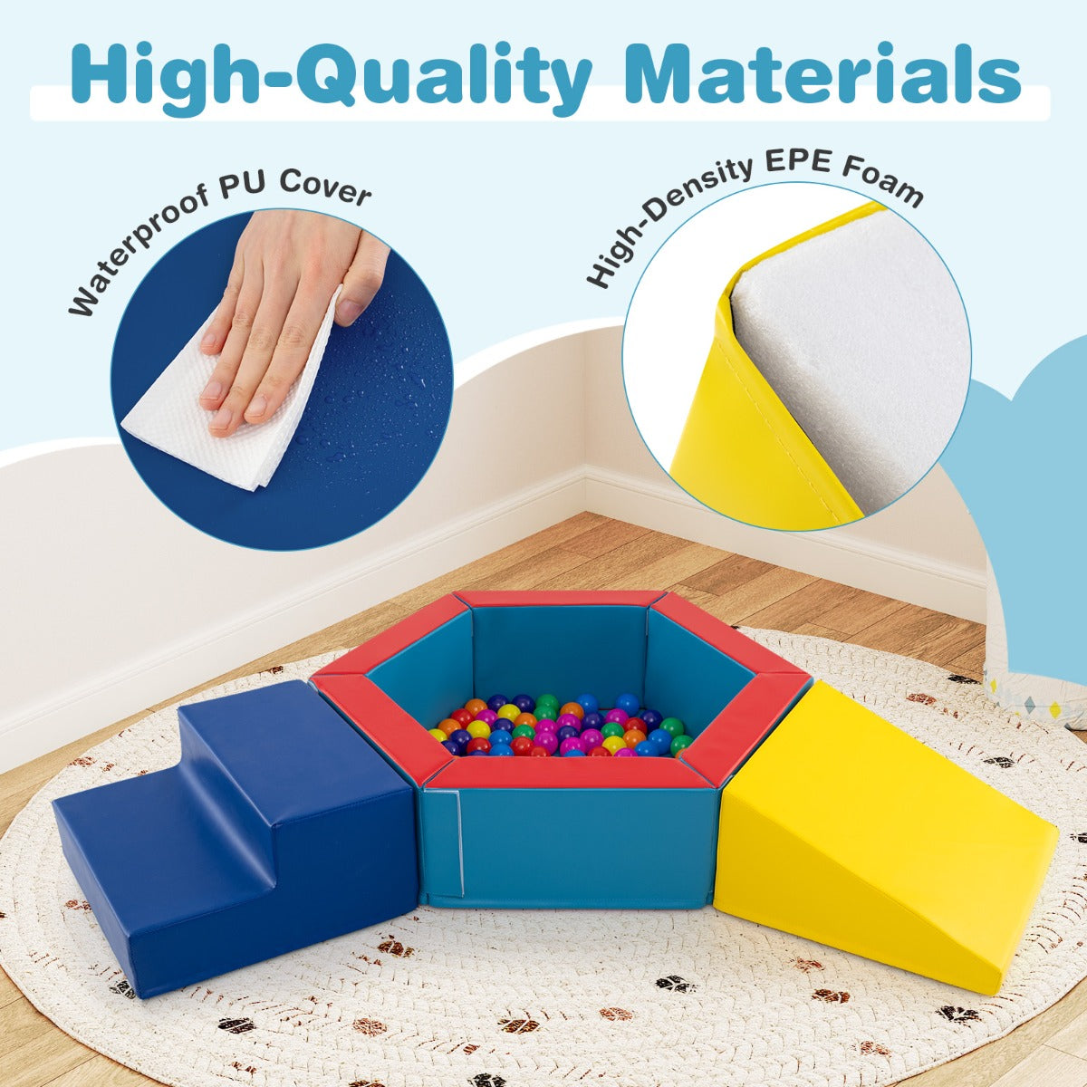 3-Piece Baby Foam Climbing Blocks with Ball Pit and 100 Colorful Ocean Balls-Multicolour