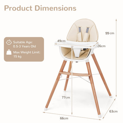 Wooden High Chair with Double 4-Gear Tray for Babies-Beige