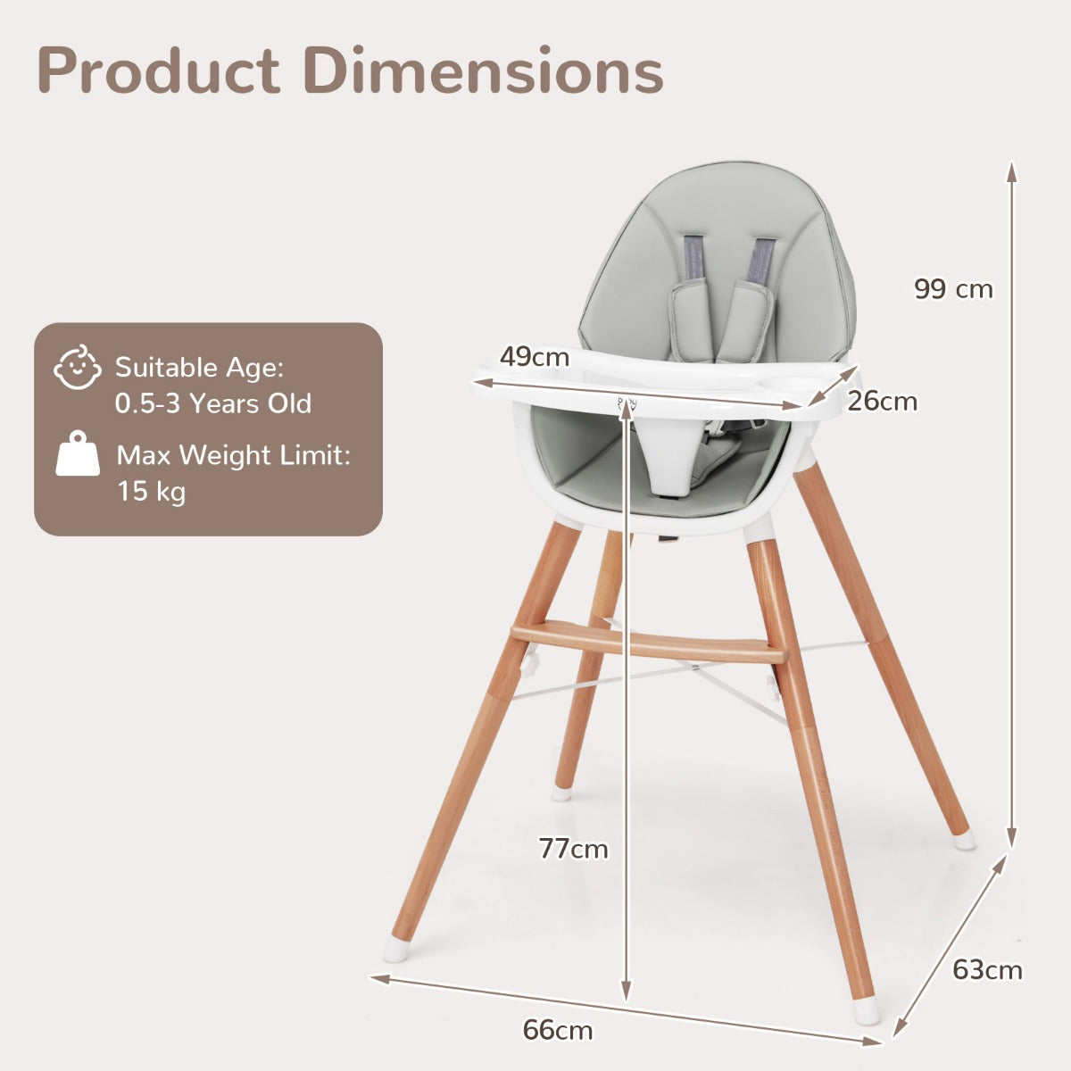 Wooden High Chair with Double 4-Gear Tray for Babies-Grey