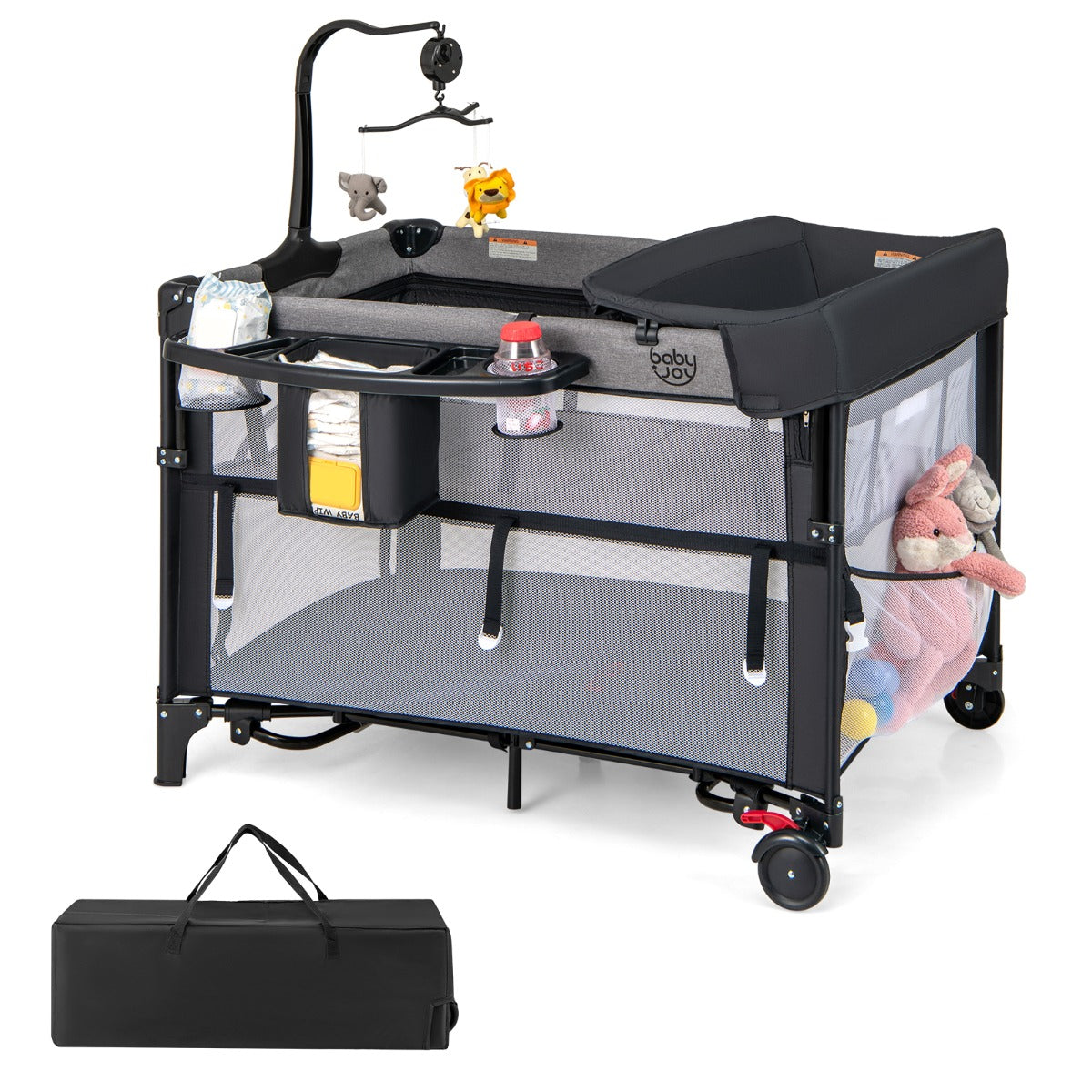 5-in-1 Baby Pack and Play with 4-Level Adjustable Height and Changing Table-Black