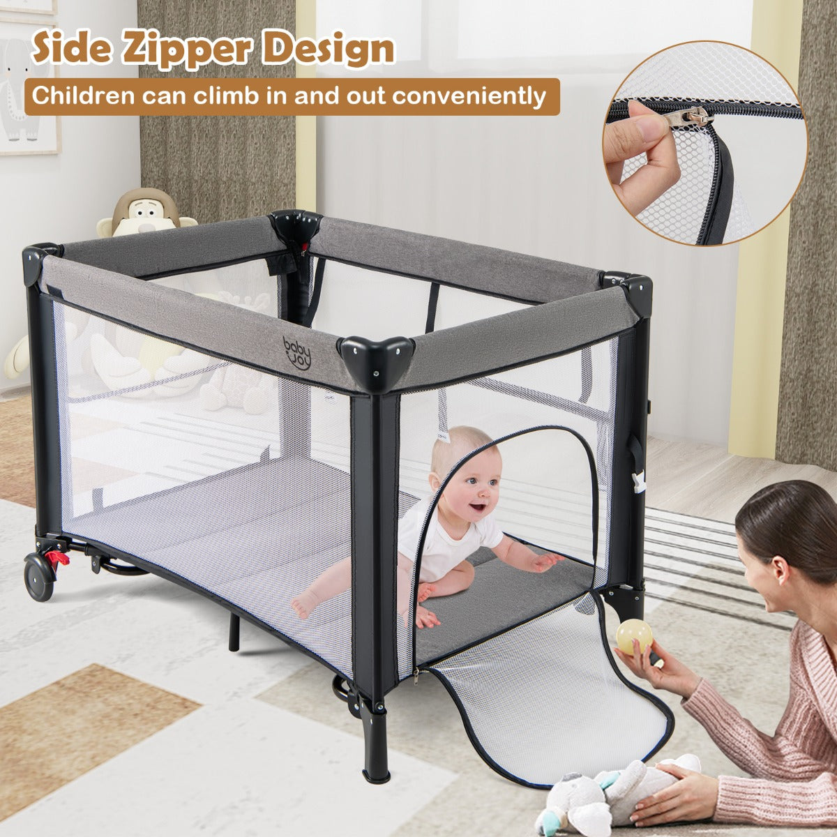 5-in-1 Baby Pack and Play with 4-Level Adjustable Height and Changing Table-Black