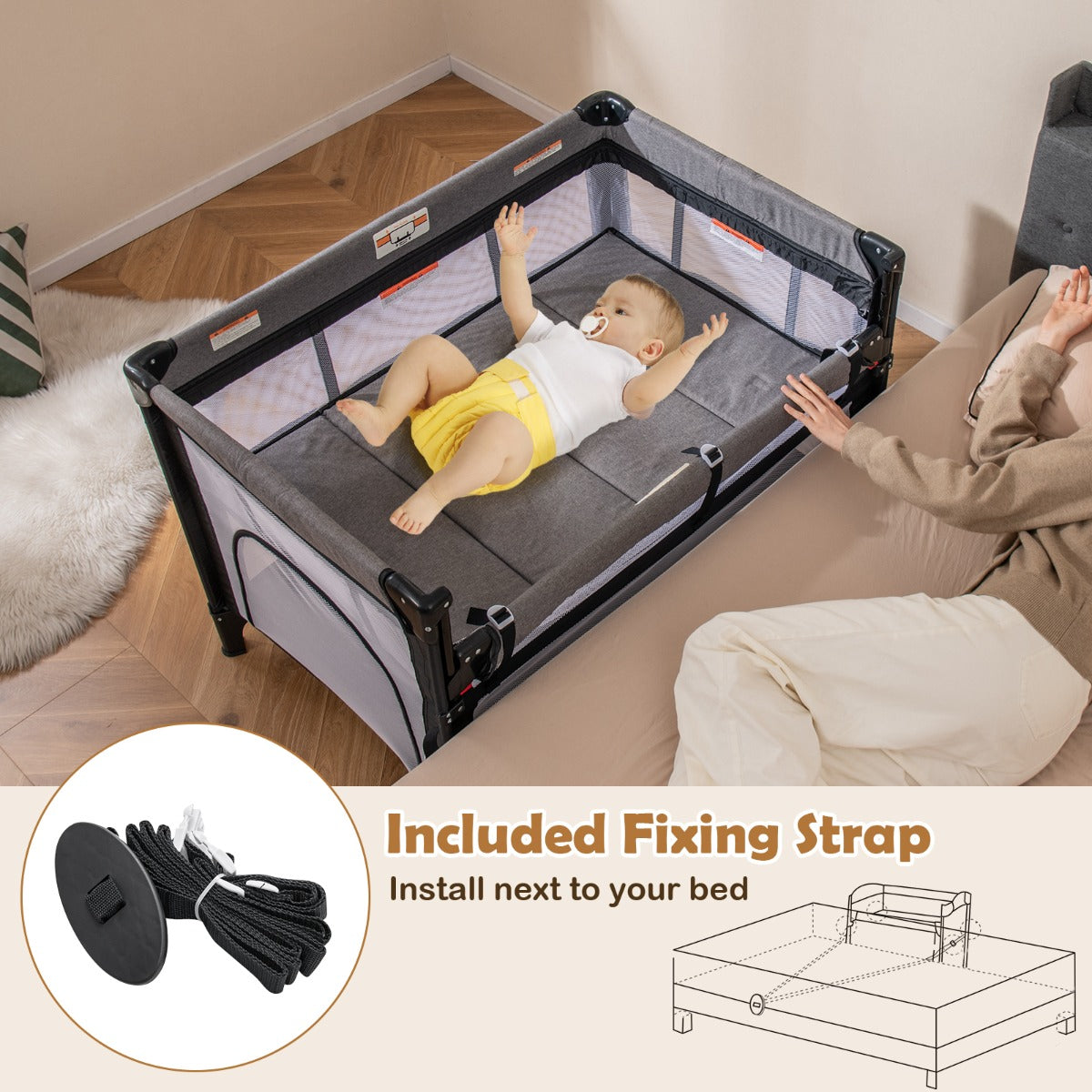 5-in-1 Baby Pack and Play with 4-Level Adjustable Height and Changing Table-Black