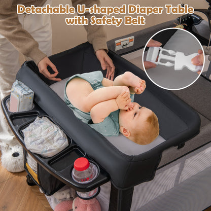 5-in-1 Baby Pack and Play with 4-Level Adjustable Height and Changing Table-Black