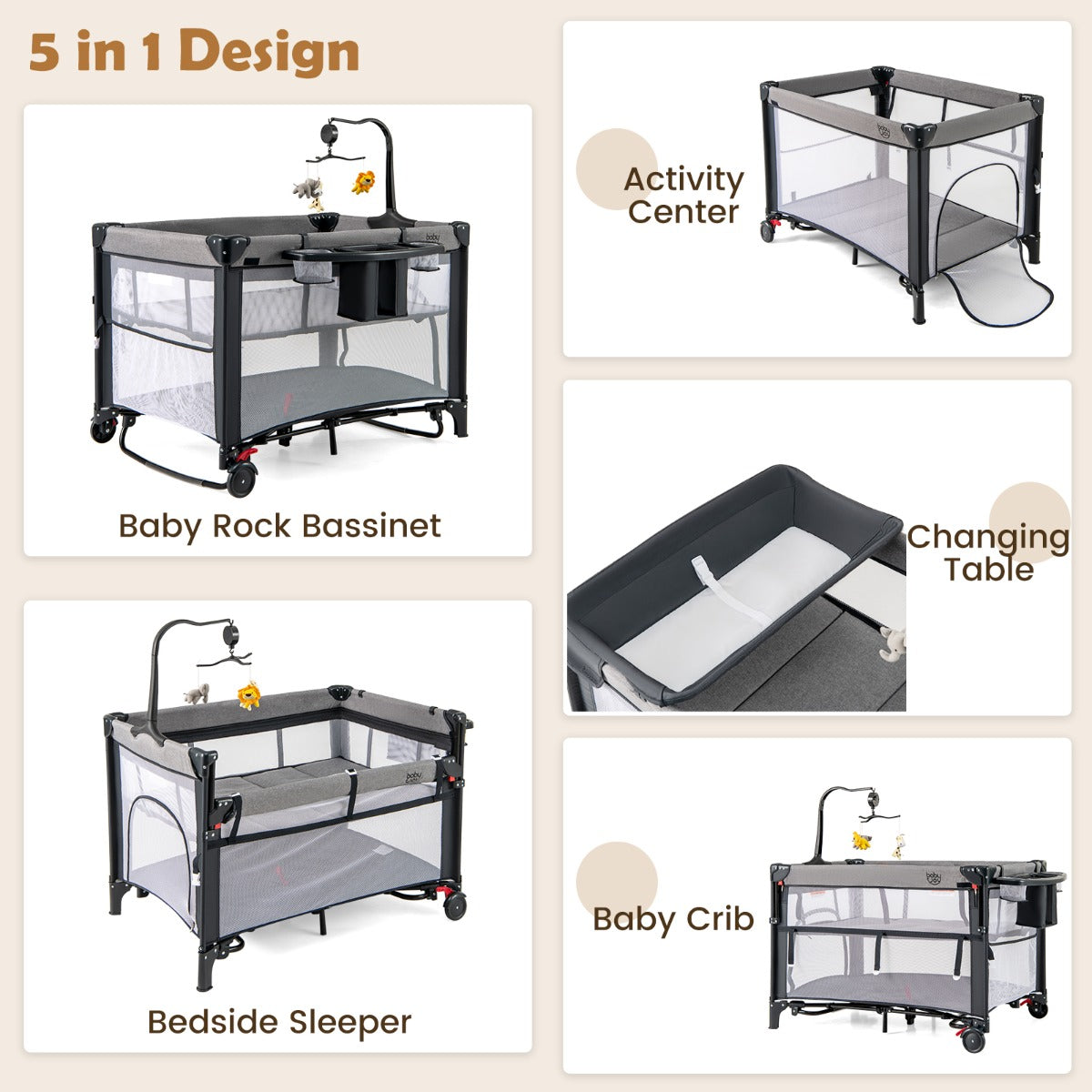 5-in-1 Baby Pack and Play with 4-Level Adjustable Height and Changing Table-Black