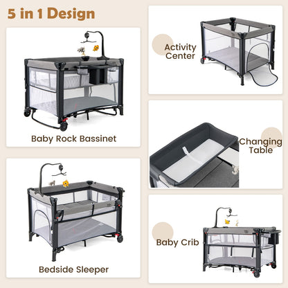 5-in-1 Baby Pack and Play with 4-Level Adjustable Height and Changing Table-Black