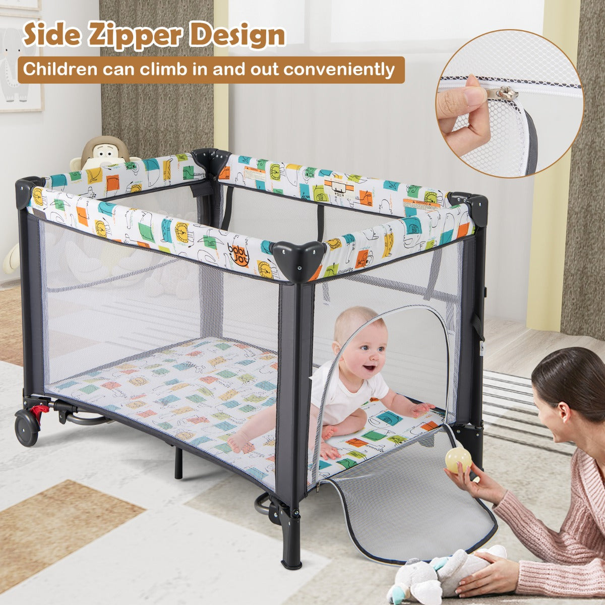 5-in-1 Baby Pack and Play with 4-Level Adjustable Height and Changing Table-Grey
