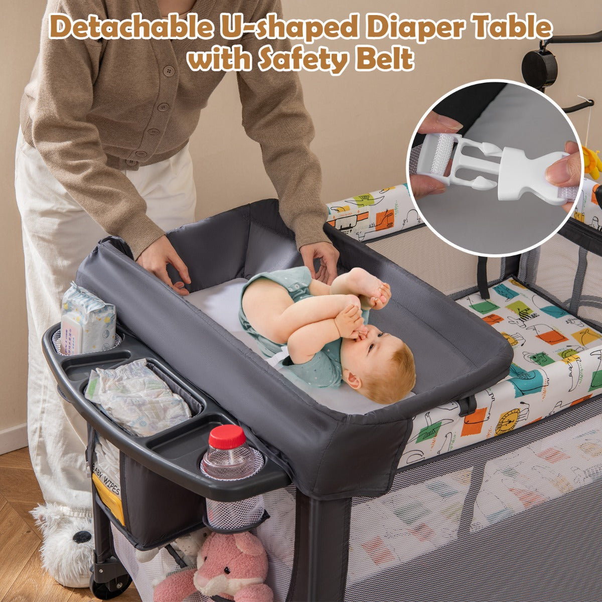 5-in-1 Baby Pack and Play with 4-Level Adjustable Height and Changing Table-Grey