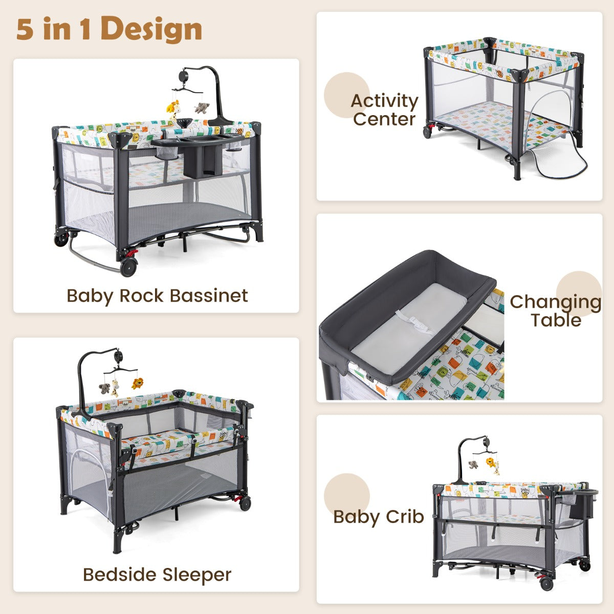 5-in-1 Baby Pack and Play with 4-Level Adjustable Height and Changing Table-Grey