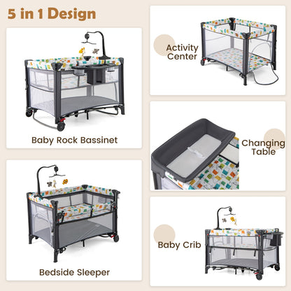 5-in-1 Baby Pack and Play with 4-Level Adjustable Height and Changing Table-Grey