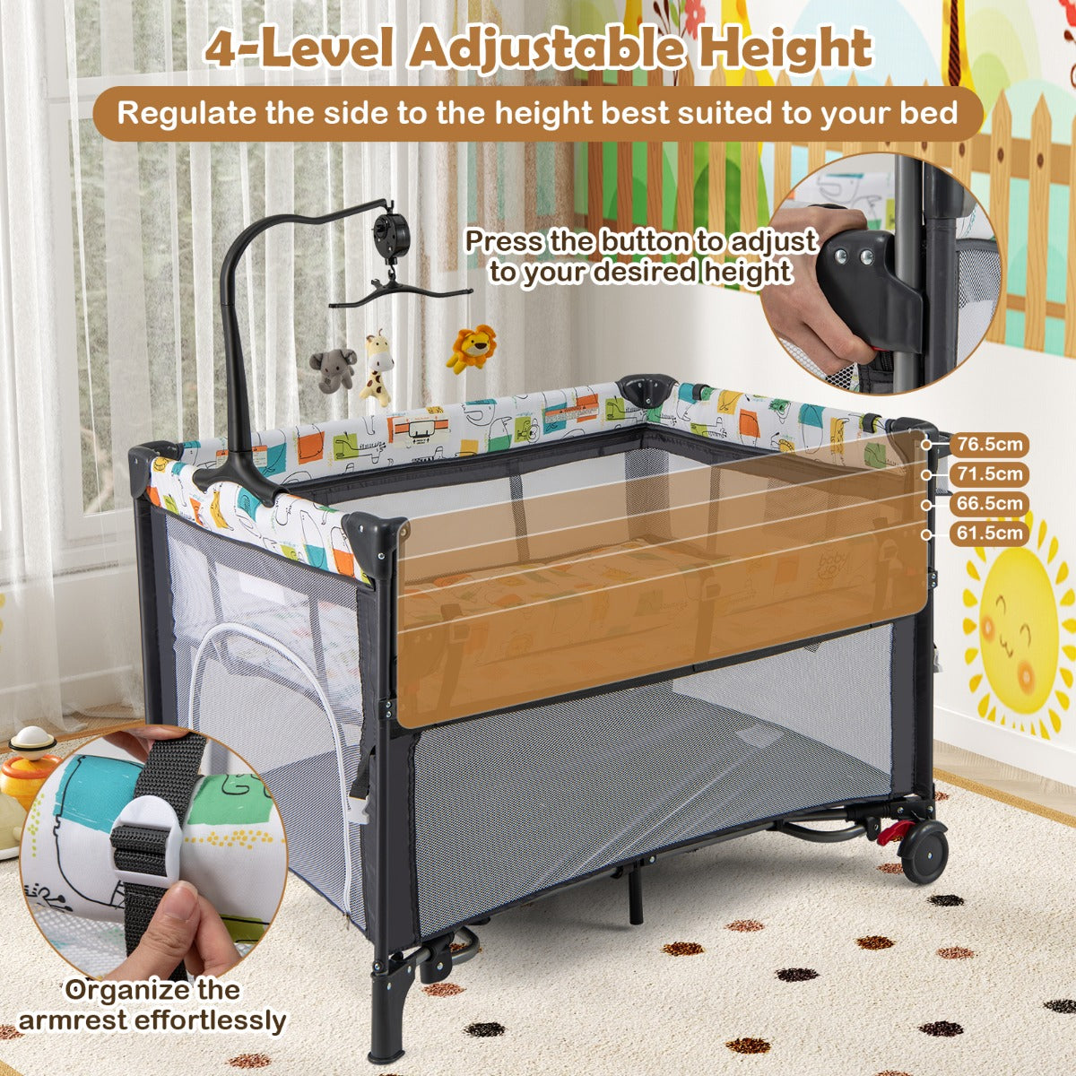 5-in-1 Baby Pack and Play with 4-Level Adjustable Height and Changing Table-Grey
