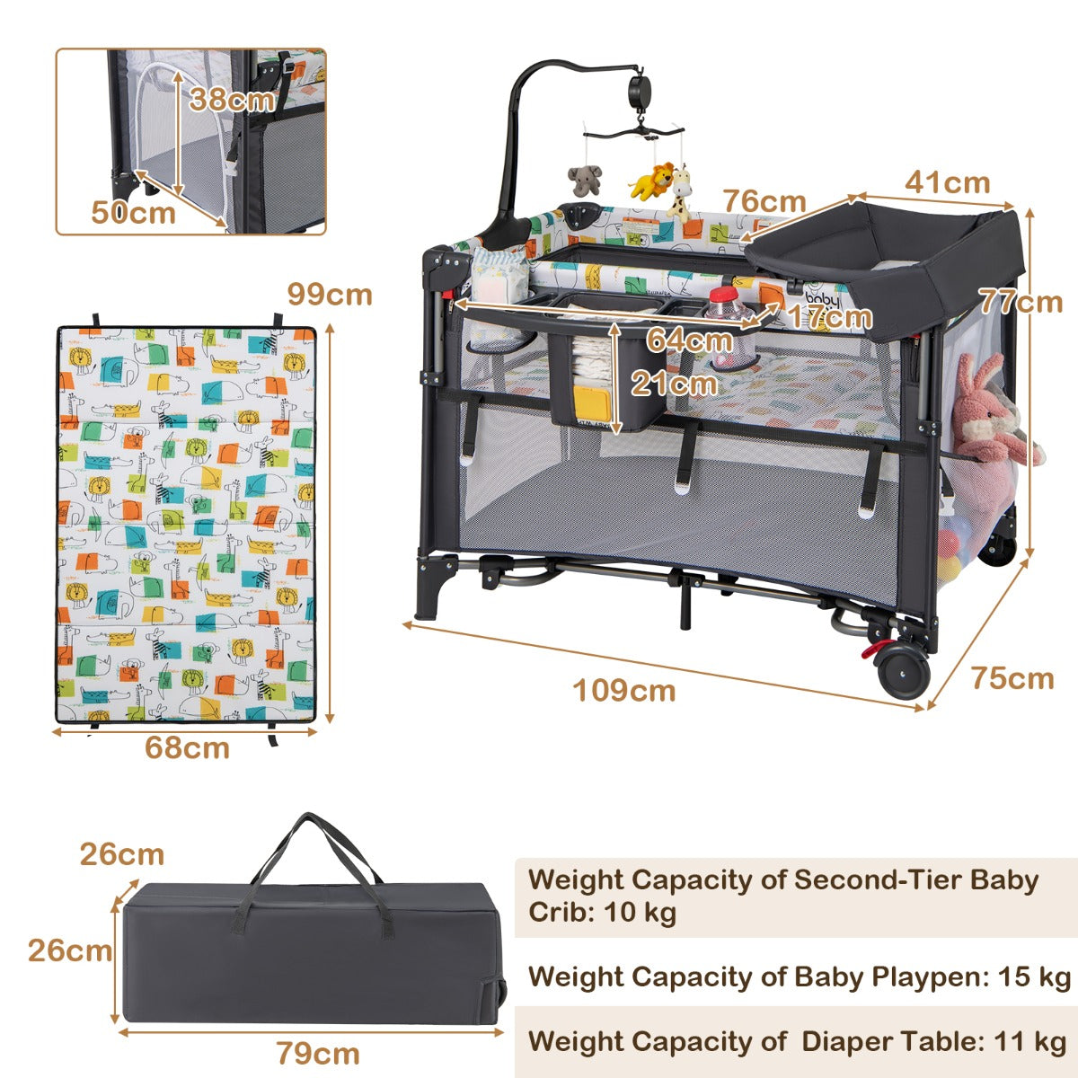 5-in-1 Baby Pack and Play with 4-Level Adjustable Height and Changing Table-Grey