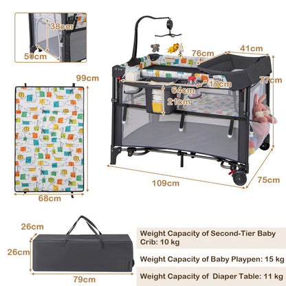 5-in-1 Baby Pack and Play with 4-Level Adjustable Height and Changing Table-Grey