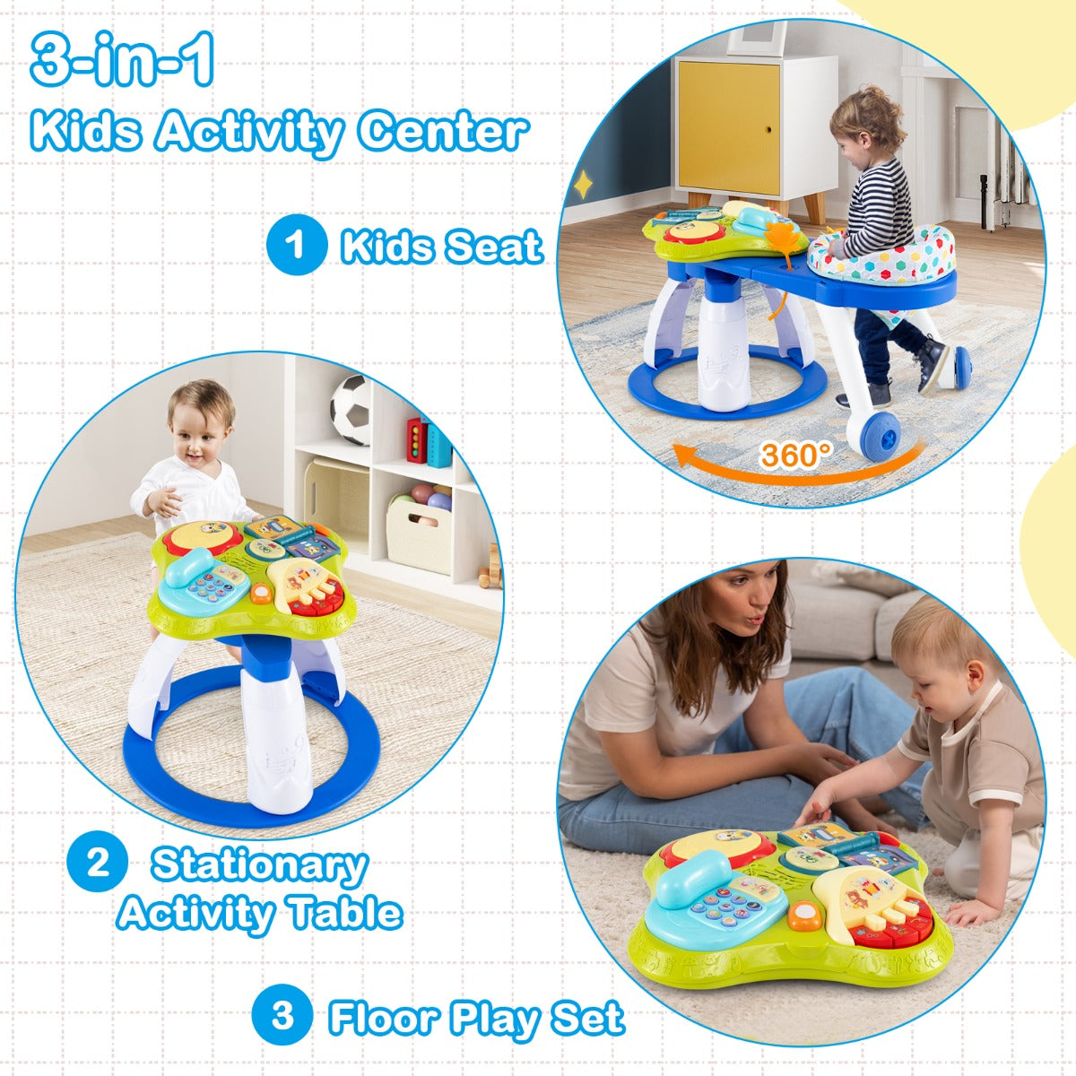 3 in 1 Baby Stationary Activity Center with Educational and Music Function Tabletop-Blue