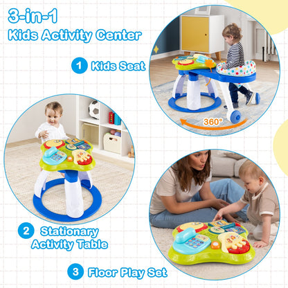 3 in 1 Baby Stationary Activity Center with Educational and Music Function Tabletop-Blue