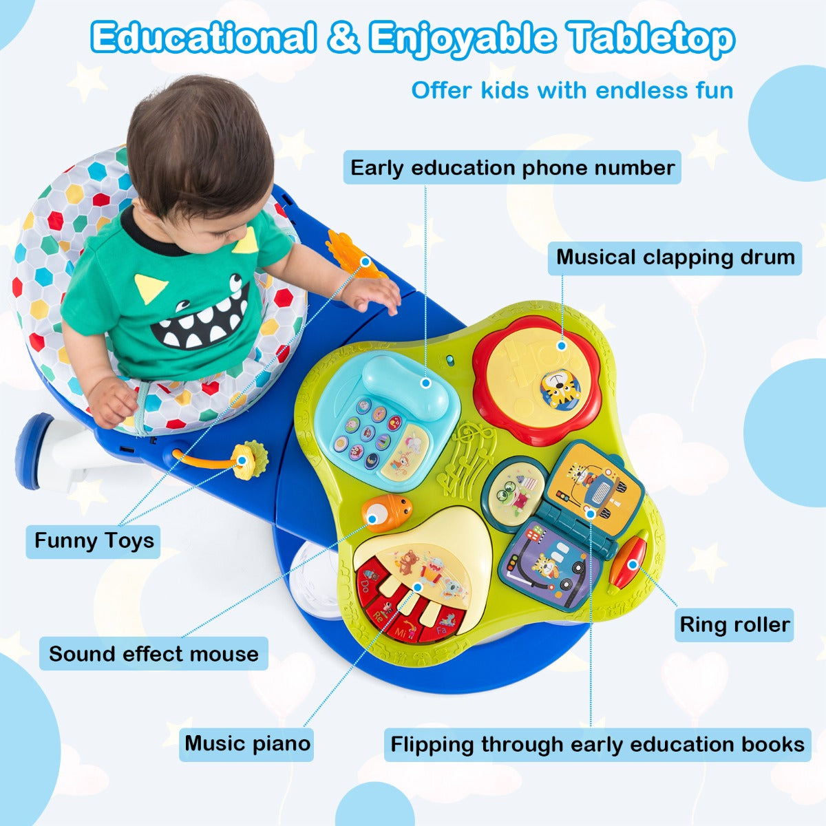 3 in 1 Baby Stationary Activity Center with Educational and Music Function Tabletop-Blue