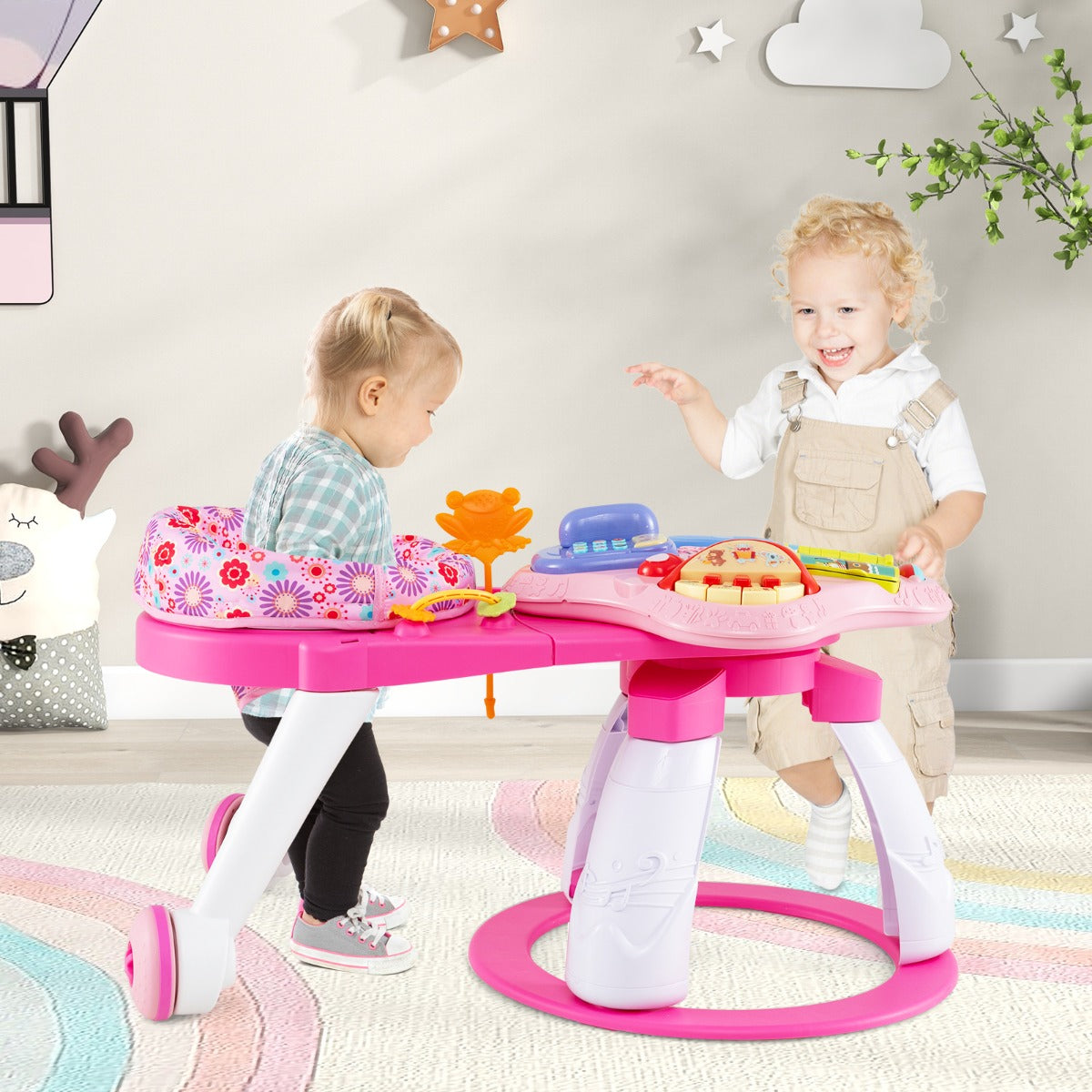 3 in 1 Baby Stationary Activity Center with Educational and Music Function Tabletop-Pink
