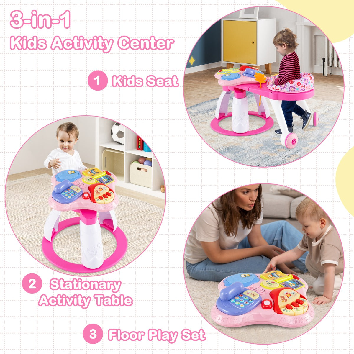 3 in 1 Baby Stationary Activity Center with Educational and Music Function Tabletop-Pink