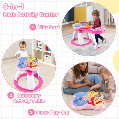 3 in 1 Baby Stationary Activity Center with Educational and Music Function Tabletop-Pink