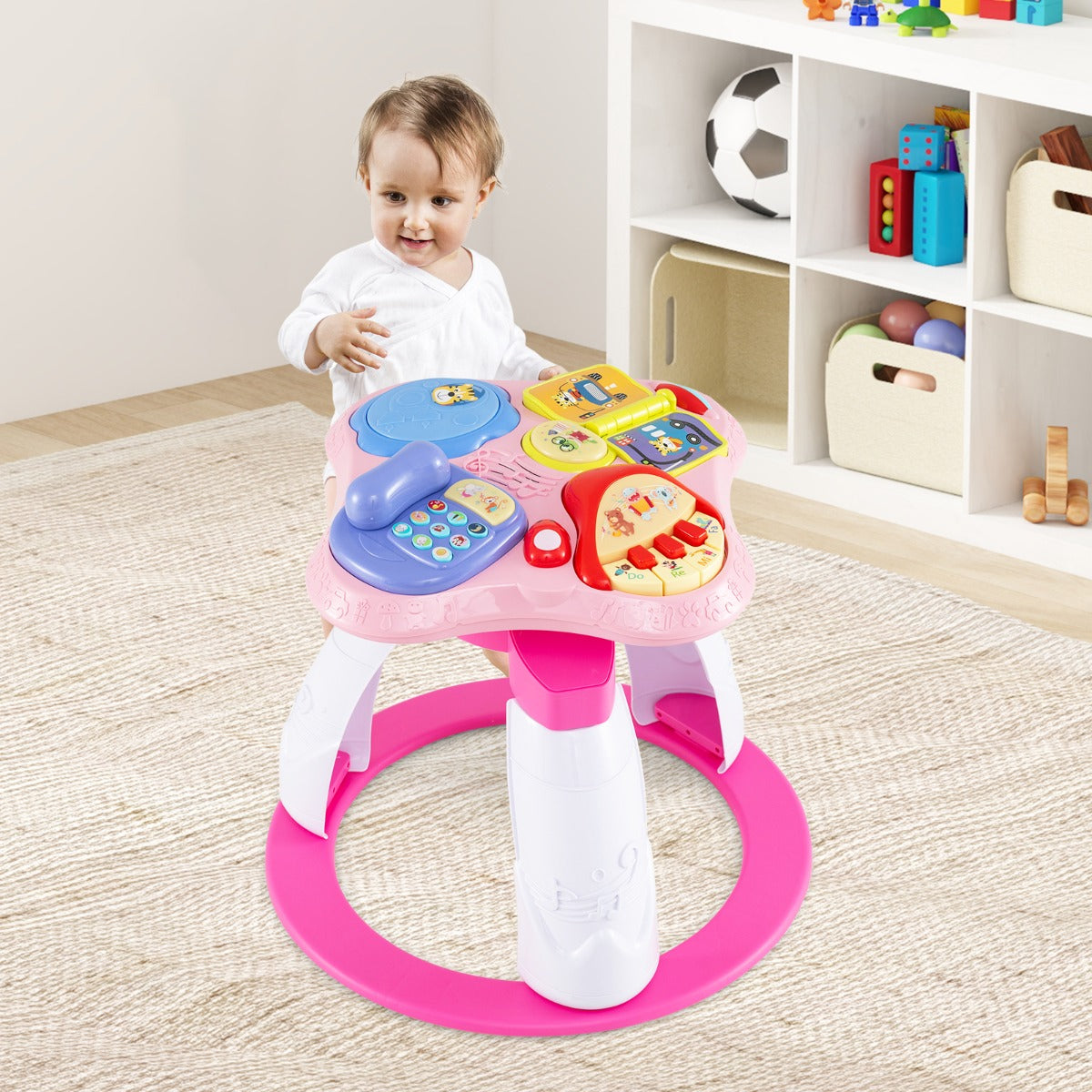 3 in 1 Baby Stationary Activity Center with Educational and Music Function Tabletop-Pink