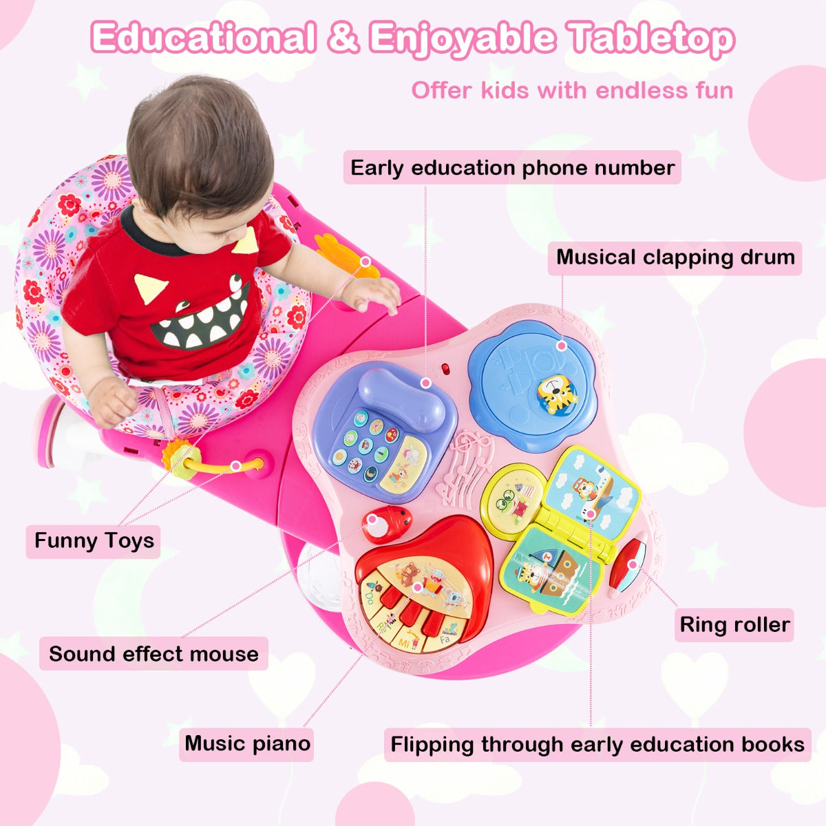 3 in 1 Baby Stationary Activity Center with Educational and Music Function Tabletop-Pink