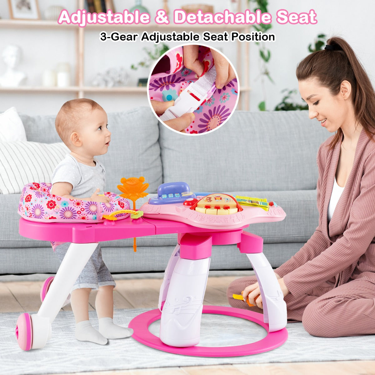 3 in 1 Baby Stationary Activity Center with Educational and Music Function Tabletop-Pink