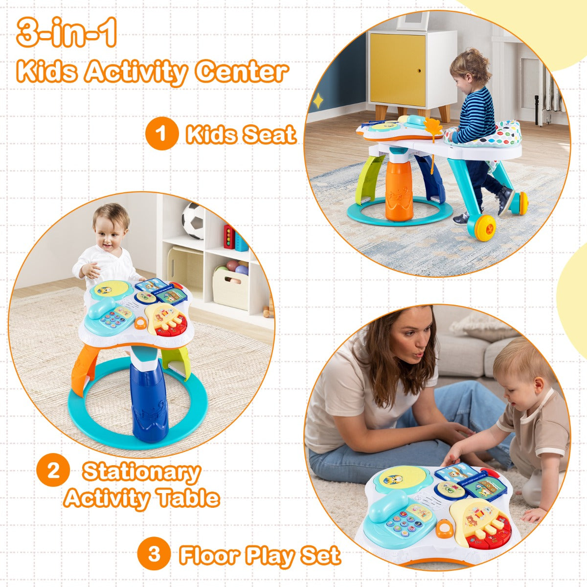 3 in 1 Baby Stationary Activity Center with Educational and Music Function Tabletop-White